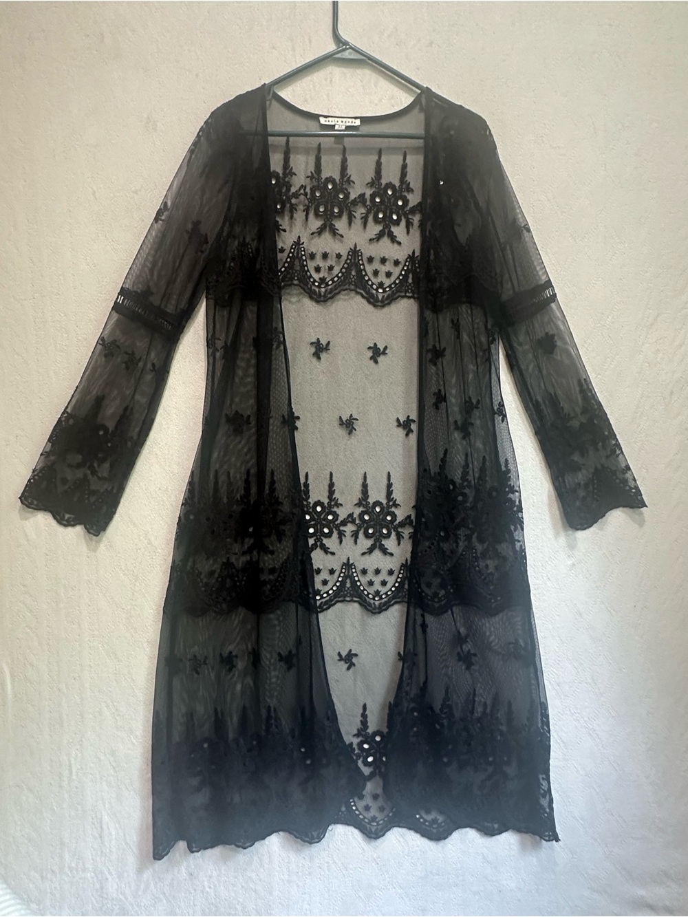 Haute Monde Sheer Lace Black Intricate Floral Embroidered Duster Cover-Up Kimono